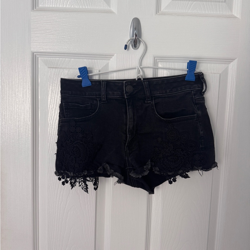 American Eagle Outfitters Black Jean Shorts Distressed Hem